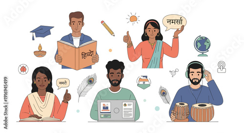 Diverse group of people engaged in various cultural activities and education, surrounded by symbols of global connection and creativity.