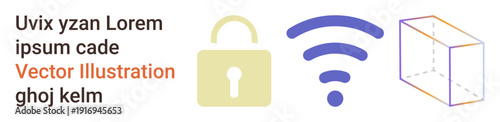 Technology, security, wireless connectivity, 3D visualization, data encryption, innovation. Lock, wireless symbol and geometric 3D cube. Security and wireless connectivity ideas