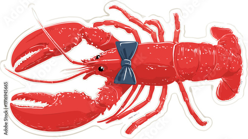 A vibrant illustration features a red lobster wearing a blue bowtie, on a white background