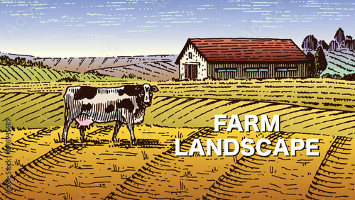 A cow on a Rustic meadow hand drawn village landscape illustration with fields. Beautiful scentic view for milk, cheese farm products. Eco food.