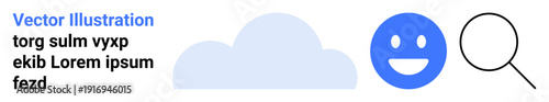 Cloud storage, online communication, positive emotions, data search, mood tracking, web design. Minimalist cloud, happy face and magnifying glass icons. Communication and data search concepts