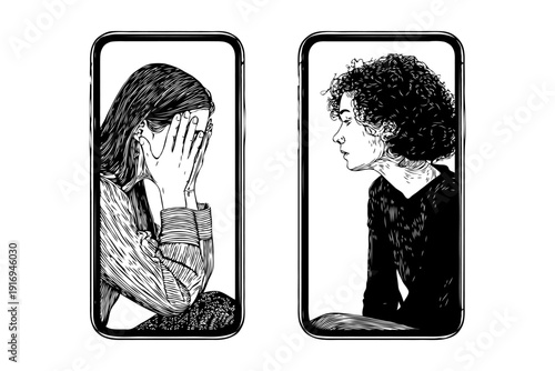 Two people in phone screens, one distressed, drawn in sketch style on white background, concept of empathy and support