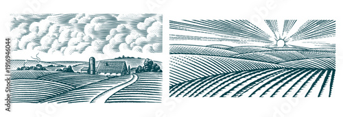 Rustic meadow hand drawn village landscapes illustrations with fields, house, cow oak and windmill. Beautiful rural scentic farm view for milk, cheese farm products. Eco natural food engraving.