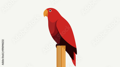 A red bird with an orange beak perches on an orange pole against a neutral background