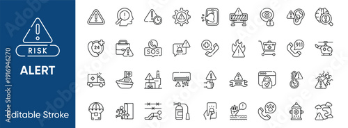 Warning, Alert and Risk Line Icons. Emergency, Danger, Hazard, Safety, SOS and Caution Vector Symbol Collection.