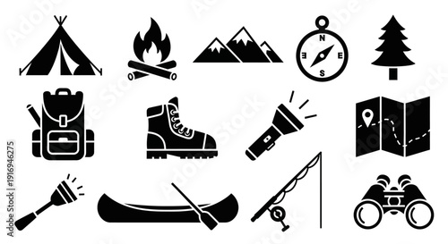 Camping and Outdoor Silhouette Icons Set – Solid Black Adventure Vector Collection