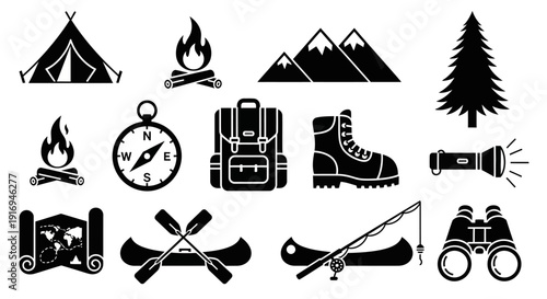 Camping and Outdoor Silhouette Icons Set – Solid Black Adventure Vector Collection