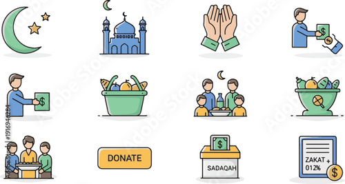 A comprehensive collection of Ramadhan Kareem vector icons, illustrating spiritual practices, charitable giving, community gatherings, and festive traditions for the holy month