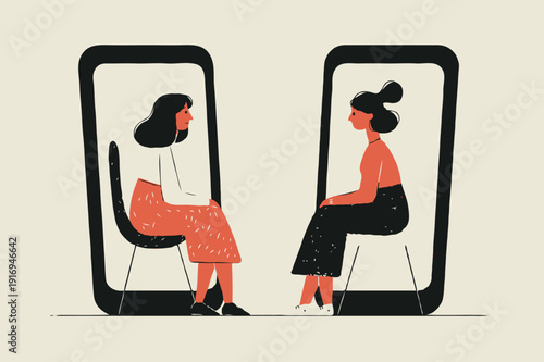 Two women seated inside phone-shaped frames in flat style on light background, expressing concept of digital communication