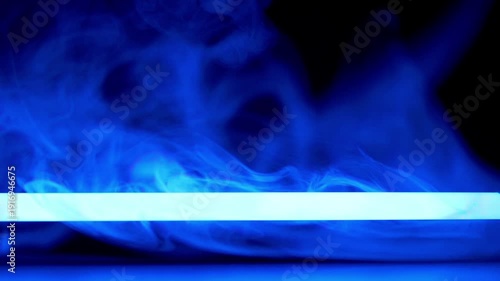 Vibrant multicolored smoke drifts around a bright horizontal neon light strip against a dark background. Concept of cyberpunk atmosphere, mysterious energy, and creative abstract flow.
