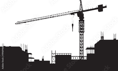 Black and white construction crane and building silhouette 1