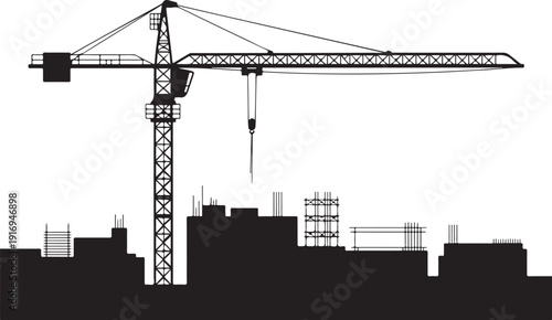 Black and white construction crane and buildings silhouette 1