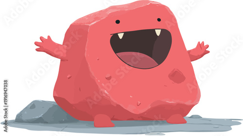 A cartoonish, reddish-pink creature with arms outstretched and a large, toothy grin stands on a stone