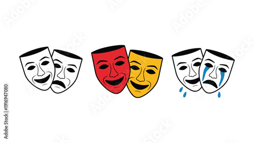 Comedy and tragedy theatre masks in keywords: black white red yellow and blue drama