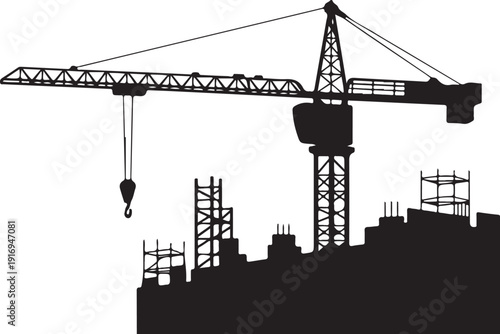 Black and white construction crane and city skyline silhouette