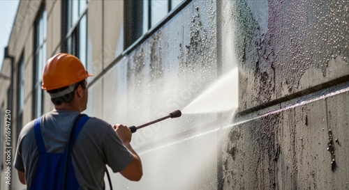 Worker Using Pressure Washer to Clean Exterior Wall on Building