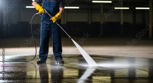 High-Pressure Cleaning of Industrial Floor with Worker in Gloves