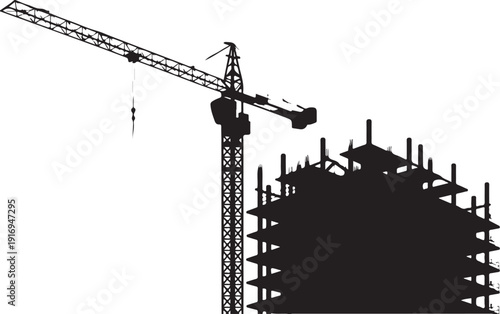 Black and white construction crane lifting on building site