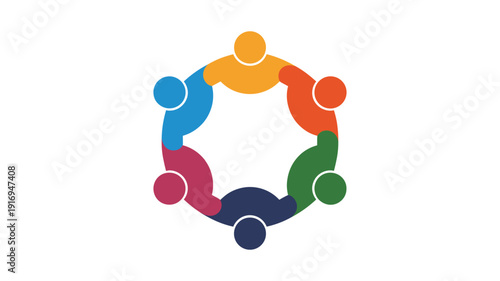 Six abstract colorful figures in a circle holding hands on keywords: white background group people