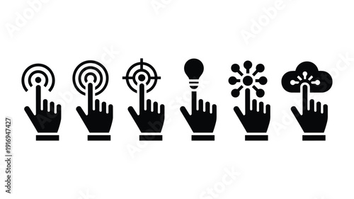Six keywords: black hand cursor representing interaction ideas and actions click touch
