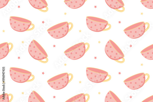 Seamless pattern with pink tea cups, cute hand drawn tea background for kitchen decor, cafe packaging and cozy illustration