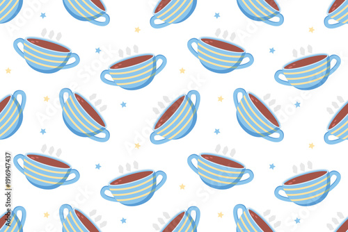 Seamless pattern with blue tea cups, cozy hand drawn tea time background for cafe menu, packaging, textile and wallpaper illustration