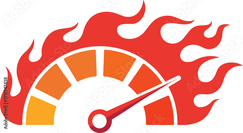 Speedometer with red orange flames on keywords: white background gauge dial