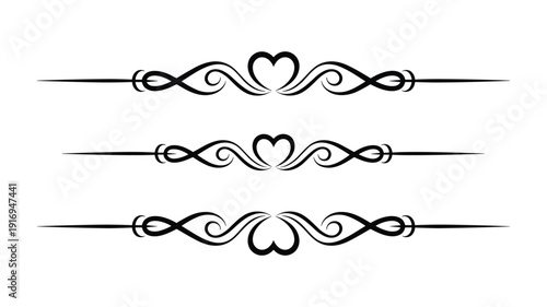 Three keywords: black ornate decorative dividers with heart shapes and swirls on white background flourish