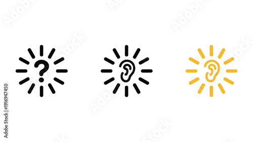 Three question mark ear listening sound waves keywords: black and yellow