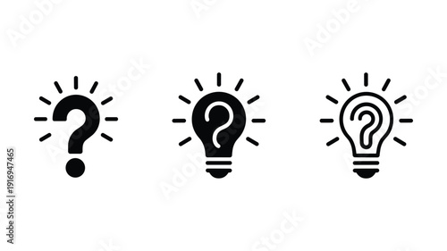 Three keywords: black question mark and light bulb with radiating lines on white background idea
