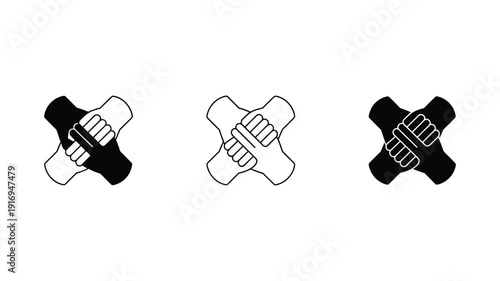 Three stylized of hands clasped together in a cross shape in keywords: black white and outline