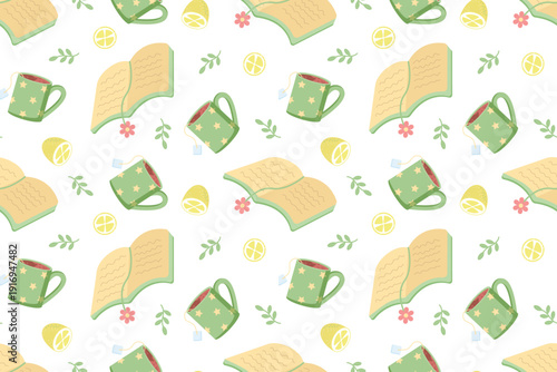 Seamless tea time pattern with cups and book, cozy hand drawn background for cafe menu, packaging, textile, wallpaper and relaxation illustration