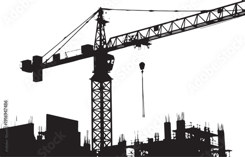 Black and white construction crane silhouette with buildings