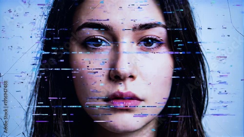 Digital glitch distortion over face of young woman. Close-up of female subject with horizontal data interference and screen artifacts.