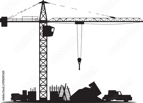 Black and white construction crane with trucks and building
