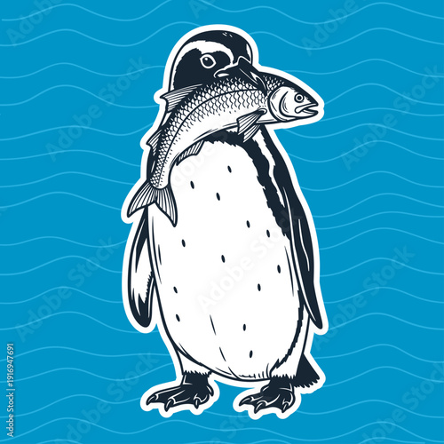 penguin holding a freshly caught fish in its mouth illustration