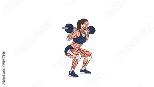 Detailed illustration of a woman performing a barbell squat with highlighted muscle anatomy used during the exercise.