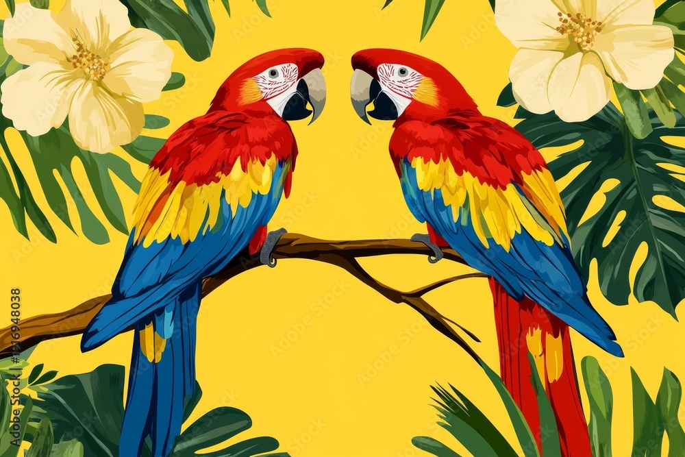 Obraz premium Two bright parrots perched on a branch among tropical leaves and flowers on a yellow background in a pop art style