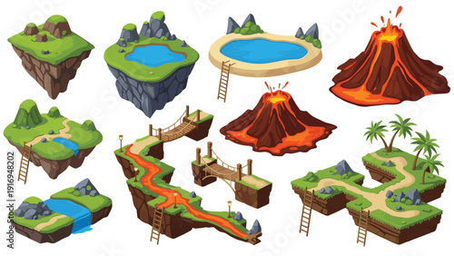 Collection of isometric floating islands for game design featuring green landscapes, lakes, wooden bridges, and active volcanoes.