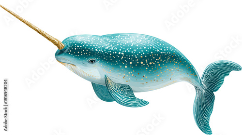 A watercolor illustration of a marine mammal with a spiral tusk and a spotted turquoise body