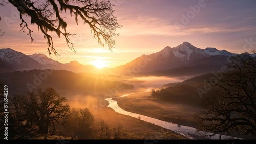 Breathtaking Sunrise Over Mountain Valley with River and Misty Landscape.
