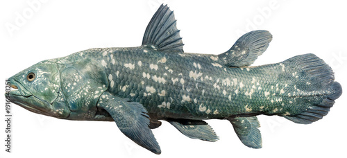 Close-up side view of a West Indian Ocean coelacanth (Latimeria chalumnae) - isolated on White background