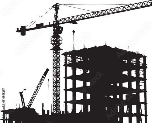 Black and white construction site with cranes and building structure
