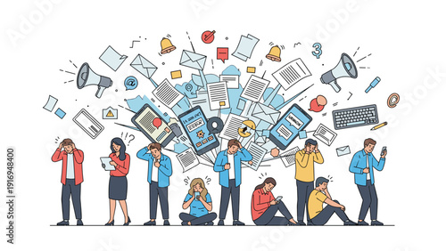Group of people feeling overwhelmed and stressed by the excessive amount of digital information from smartphones and social media.