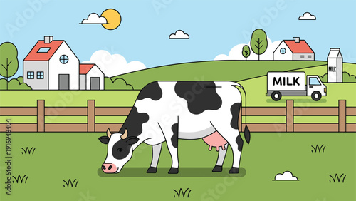 Peaceful landscape of a dairy farm with a black and white cow grazing in a green pasture with a milk truck in the background.