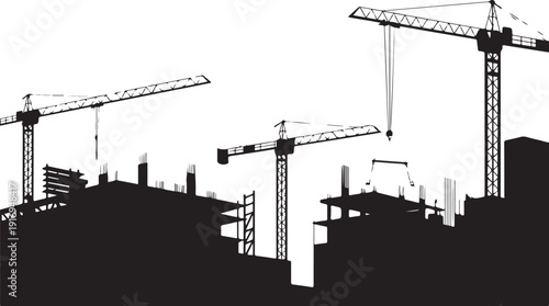 Black and white construction site with cranes and buildings 1