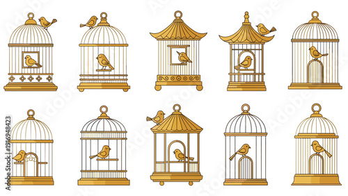 Collection of vintage and ornate gold bird cages with small birds inside or perched on top, in different architectural styles.
