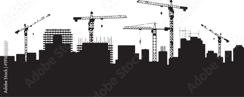 Black and white construction site with cranes and buildings 2