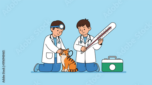 Two young boys dressed as veterinarians taking care of a ginger cat using medical tools in a cute cartoon illustration.
