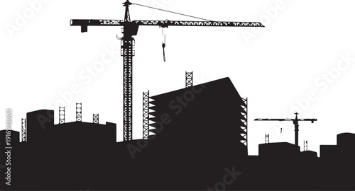 Black and white construction site with cranes and buildings 3